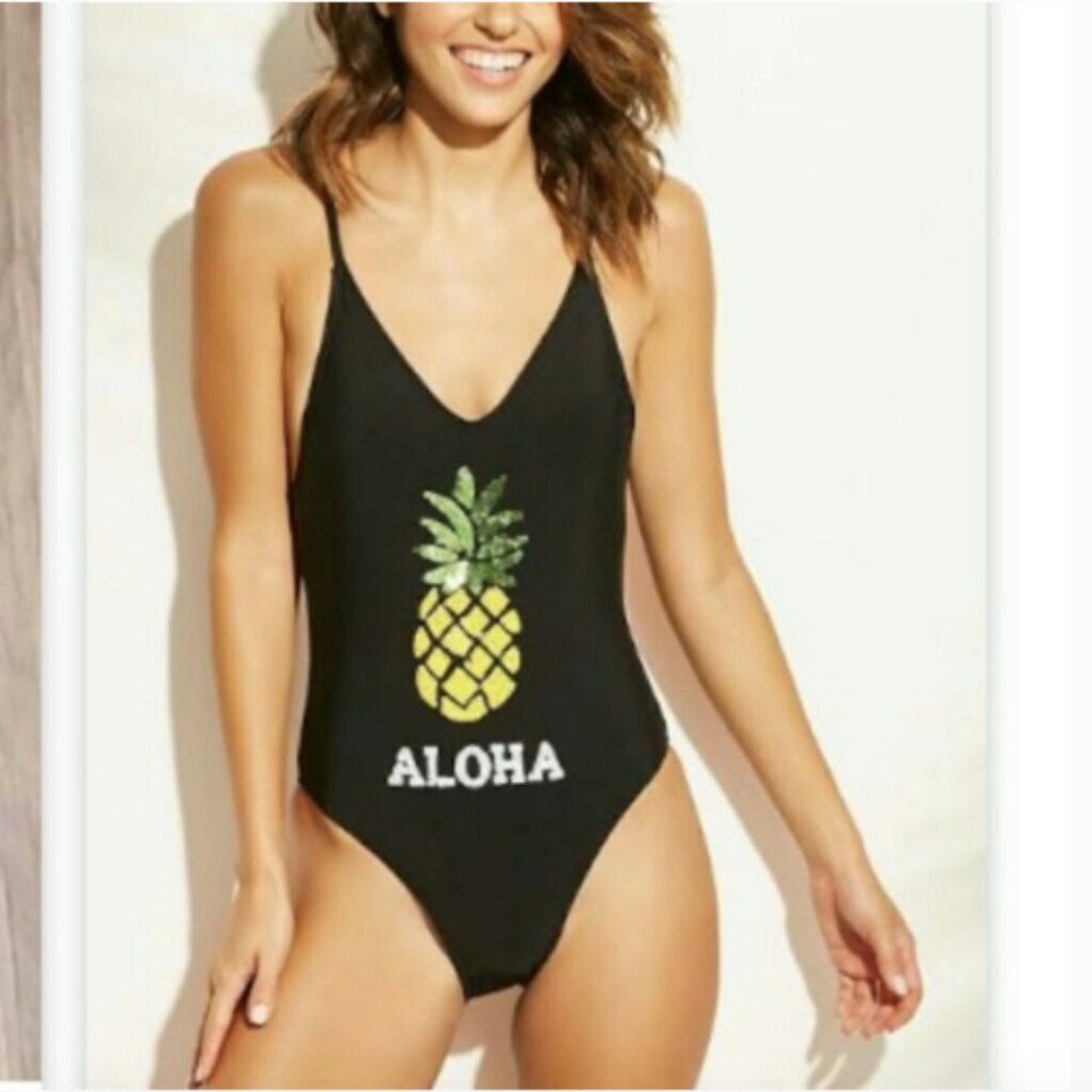 NWOT ALOHA! Sequin Pineapple One Piece Swimsuit - Picture 3 of 6